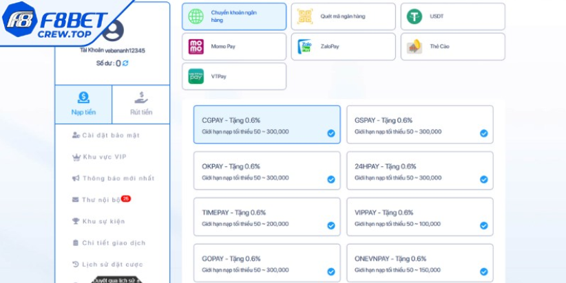 Nạp tiền F8bet 